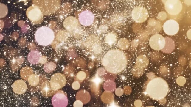 Golden and pink bokeh lights sparkle with shimmering particles creating