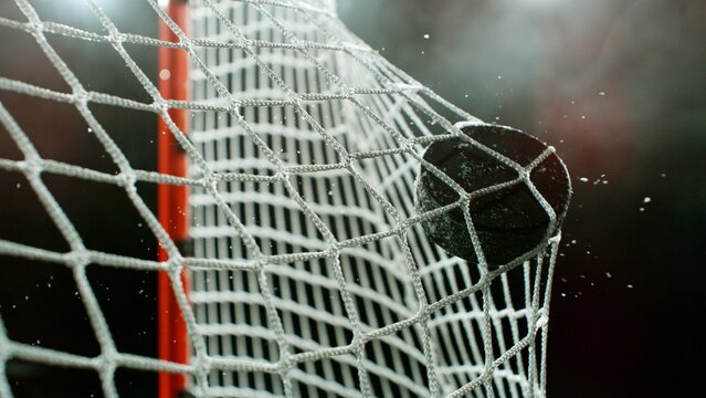 An ice hockey puck hitting the back of the net as it scores a goal