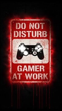 Red do not disturb gamer at work sign with gamepad controller, grunge texture and blood drips on black background