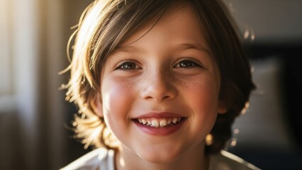 Close-up of a smiling child with freckles, bathed in warm sunlight, creating a bright portrait