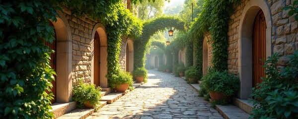 Obraz premium Stone alleyway with arched green plants tunnels and potted plants. Cobbled path leads through old town buildings with wooden doors. Sunlight filters through trees creating bright day scene.