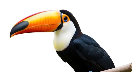 Obraz premium A vibrant toucan with a large, colorful beak perched against a clean white background, showcasing its exotic beauty
