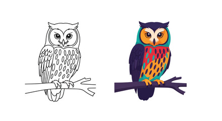 Obraz premium A detailed owl bird illustration shown in outline and colorful style perched on tree branch