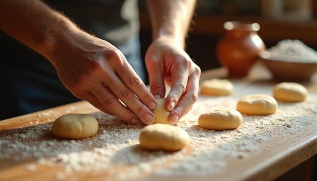 Man hands shape raw dough balls for baking on a flour dusted wooden board. He prepares sweet pastry or bread rolls. Close up focus on the cooking process.