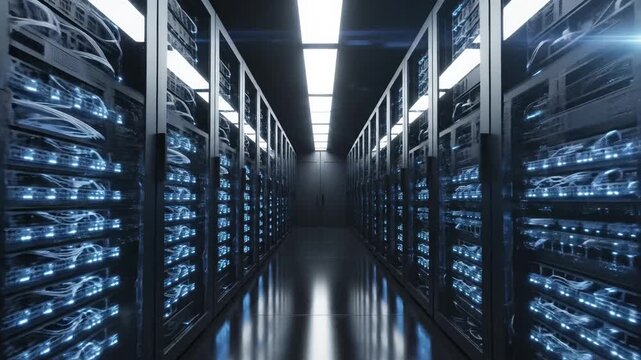 Rows of server racks in a data center
