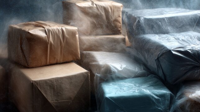 Stacked cardboard boxes in moody warehouse light shipping logistics concept