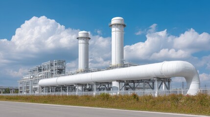 Modern industrial facility showcasing large white pipes and chimneys under a bright blue sky with clouds, emphasizing energy production and infrastructure