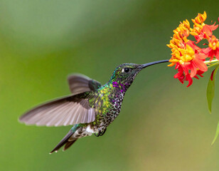 Fototapeta premium This breathtaking macro captures a shimmering iridescent hummingbird feeding on vibrant orange flowers. Ideal for nature themes, wildlife conservation, and designs symbolizing agility and vitality.