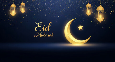 Festive Islamic celebration greeting featuring a luminous golden crescent moon, sparkling star, and traditional lanterns on a dark blue background