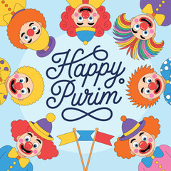 Fototapeta premium Colorful clown faces celebrating Purim with festive flags