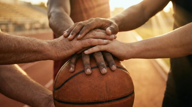 Multi-ethnic diverse hands stacking together on a basketball on an outdoor court at sunset for teamwork and unity concept.