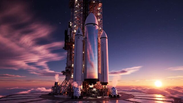 Sleek rocket poised atop a towering launch pad under a vivid twilight sky, ready for ascent