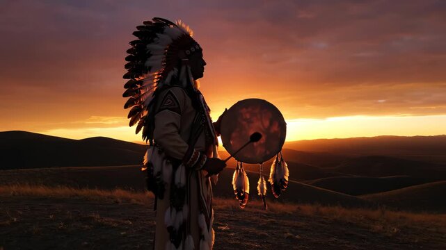 Native American with Drum at Sunset