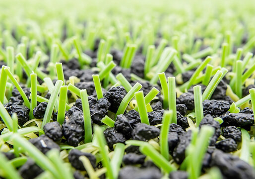 Close-up view of a well-maintained high school soccer field showing artificial turf blades and infill material