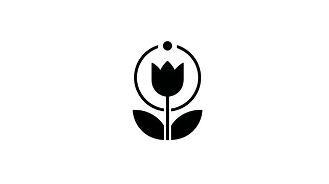 A stylized black floral emblem with a flower, leaves, and a circular element