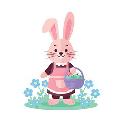 Obraz premium Easter bunny holding a basket of eggs in a floral setting.