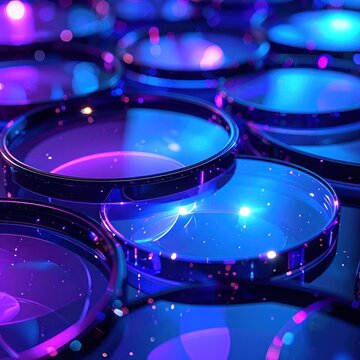 Vibrant Close-up of Glowing Petri Dishes in Neon Blue and Purple Light