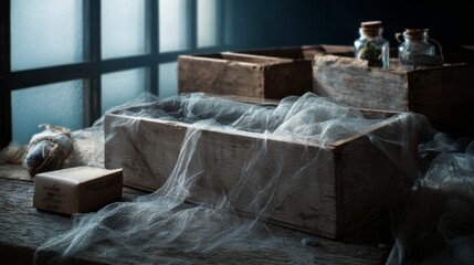 Cardboard boxes wrapped in plastic with cobwebs abandoned storage concept scene