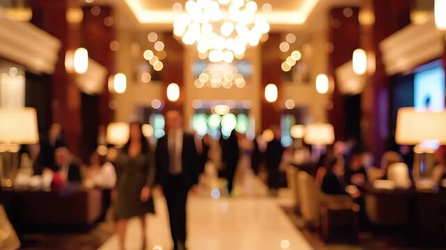 Vibrant blurred scene of people moving through an elegant, luxurious hotel lobby, bathed in warm ambient lighting, creating a dynamic cinematic atmosphere for upscale events
