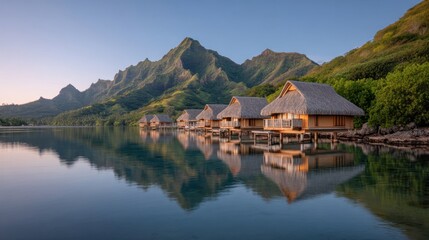 Obraz premium Serene Tropical Resort on Calm Lagoon with Mountain Reflections at Dawn in a Stunning Natural Landscape of Exotic Destination