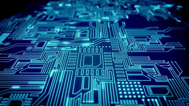 A vibrant abstract depiction of a circuit board with glowing blue lines on a dark background