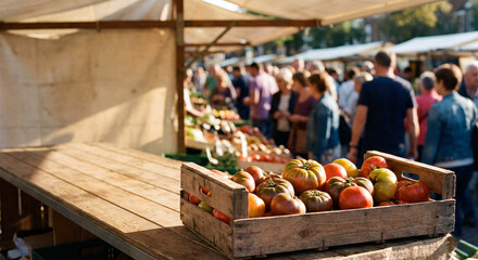 Heirloom tomatoes on stall, market crowd blurred behind, fresh produce