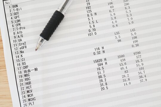 血液検査結果表と検査項目一覧の医療イメージ。