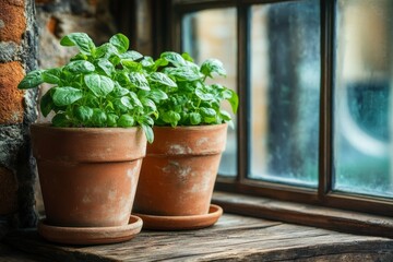 selective focus high-detail view of herb leaves and textured clay pots on reclaimed wood