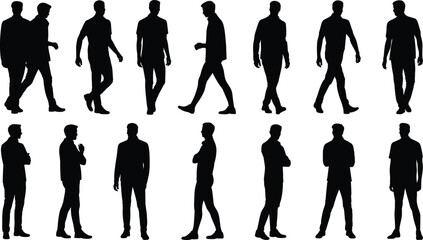 Human silhouette poses, walking figure icons, standing posture illustration, body language design, people movement graphic, character stance art, motion analysis representation © Moslama
