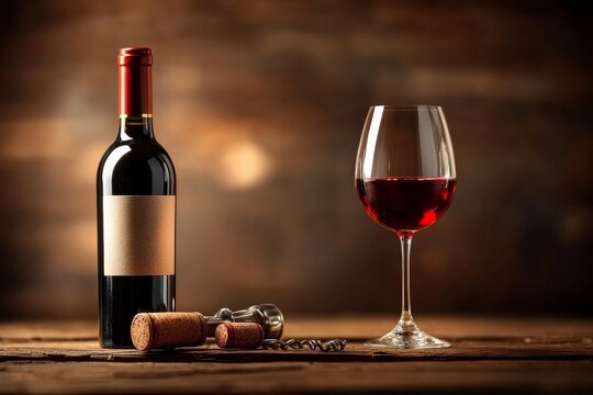 selective focus high-detail view of wine surface, glass reflections, and corkscrew