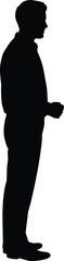 Silhouette man standing, profile view, hands together, thoughtful posture, generic figure, human illustration, symbolic design, presentation concept, signage icon, simplicity