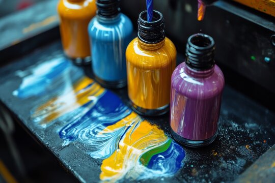 selective focus swirling nail polish pigment being poured into glass bottles on production line