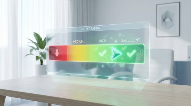 3D illustration of digital quality meter pointing to Excellent level. Futuristic screen on office desk showing credit score or customer satisfaction rating.