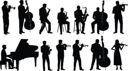 musicians, silhouette, jazz, music, band, instruments, orchestra, performance, concert, elegant, artistic, trumpet, saxophone, piano, violin © Moslama
