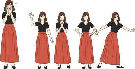 Female Character Set with Different Hand Gestures and Emotions Wearing Black Top and Red Skirt Illustration