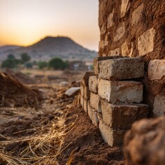 Fototapeta premium Rough clay bricks stacked beside an unfinished wall segment at sunset with a rural landscape beyond