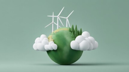 Obraz premium Sustainable Ecosystem Concept with Wind Turbines and Trees on a Green Globe Surrounded by Clouds for Environmental Awareness and Climate Action Imagery
