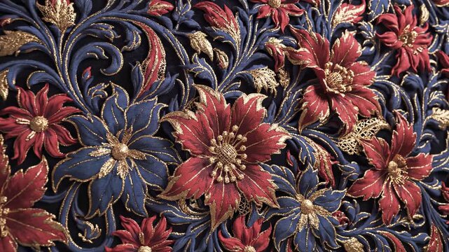Intricate floral design in deep blue and red, accented with gold. Detailed, rich texture and patterns