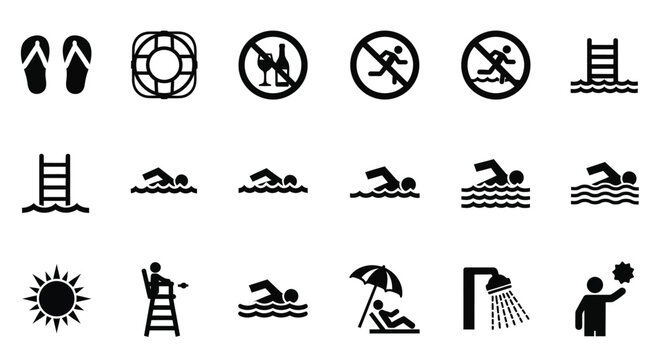 Comprehensive collection of swimming pool and beach activity safety vector graphic icons illustration