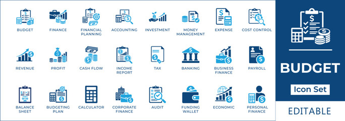 Budget and financial planning icon set featuring expense tracking, cost control, revenue analysis, personal finance, tax accounting, and corporate budgeting strategy symbols. © FlatCore Studio