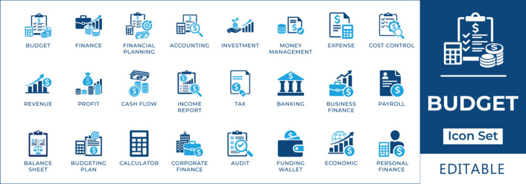 Budget and financial planning icon set featuring expense tracking, cost control, revenue analysis, personal finance, tax accounting, and corporate budgeting strategy symbols.