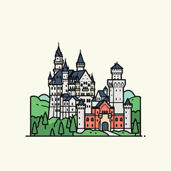 Obraz premium A colorful, illustrative rendering of a complex castle. The design features a stylized depiction of buildings, trees, and hills. Outlines define the features