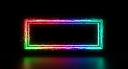 Fototapeta premium Vibrant RGB Neon Energy Rectangle Glowing in Red Green Blue Gradients with Floating Digital Sparks, Symmetrical Front Facing Rectangular Design, Dynamic Luminous Filaments