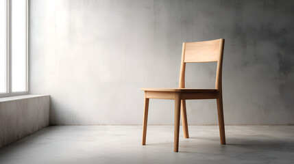 Obraz premium Minimalist wooden chair standing in empty room with natural light