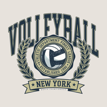 Vintage New York Volleyball World Championship Illustration - Retro NYC Athletic Department Graphic with Laurel Wreath and 1990 Finest League Badge - Classic Collegiate Varsity Style Sports Apparel T-