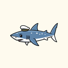 Obraz premium A cute cartoon shark wearing a sailor hat, swimming from left to right. It has a blue body with white spots and black outlines