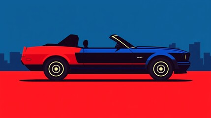 Obraz premium Pixel Art Classic Convertible Sports Car, Blue and Red, Cityscape Background
