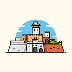 Obraz premium A stylized illustration depicting a fortified structure with multiple towers and gates, against a blue background. The illustration uses bold lines and bright colors