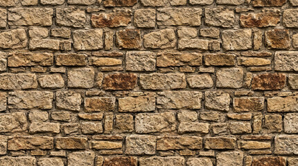 Fototapeta premium Traditional sandstone brick wall with rows of rectangular tan brown rustic blocks and mortar joints