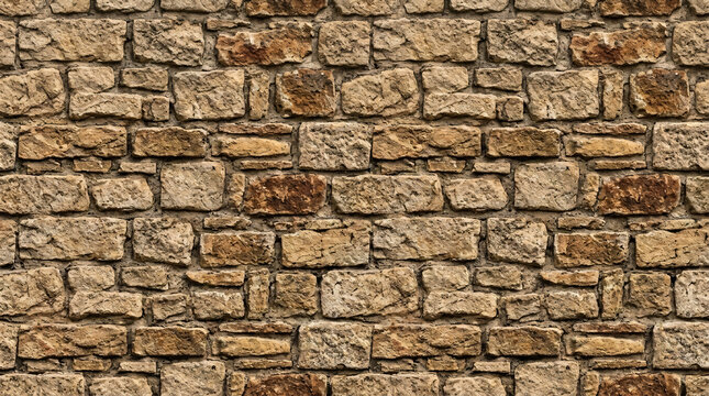 Traditional sandstone brick wall with rows of rectangular tan brown rustic blocks and mortar joints